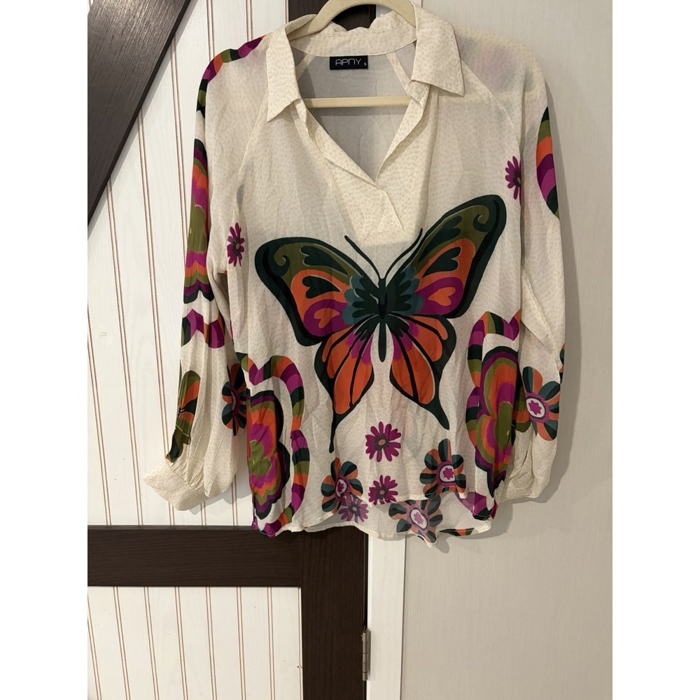 APNY Butterfly Top Womens Size Small Silky Artsy Vibrant Fun Popover Retro